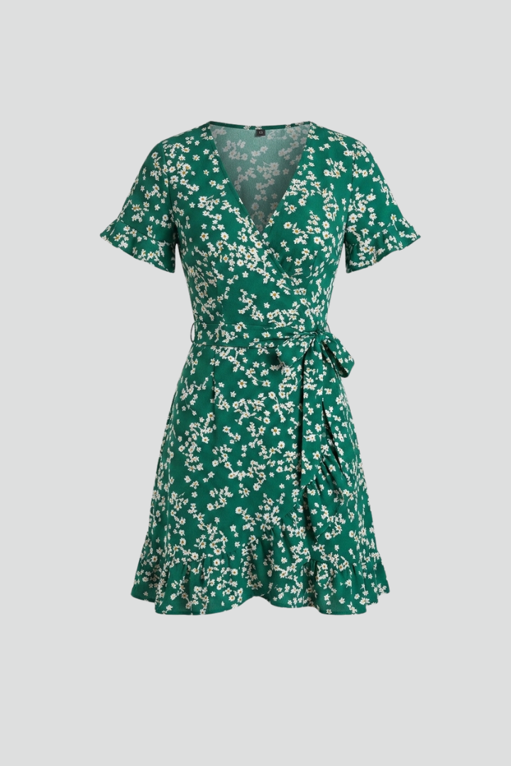 Women's Floral V-Neck Mini Dress with Ruffle Hem & Short Sleeves – Summer Day Dress for Brunch