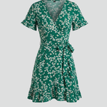 Women's Floral V-Neck Mini Dress with Ruffle Hem & Short Sleeves – Summer Day Dress for Brunch