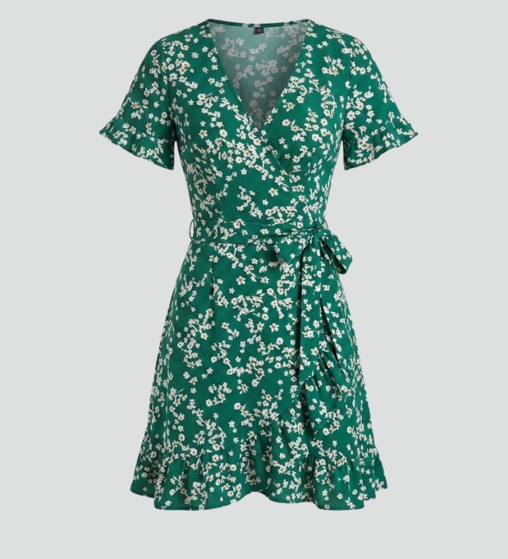 Women's Floral V-Neck Mini Dress with Ruffle Hem & Short Sleeves – Summer Day Dress for Brunch