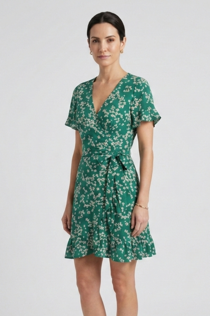 Women's Floral V-Neck Mini Dress with Ruffle Hem & Short Sleeves – Summer Day Dress for Brunch