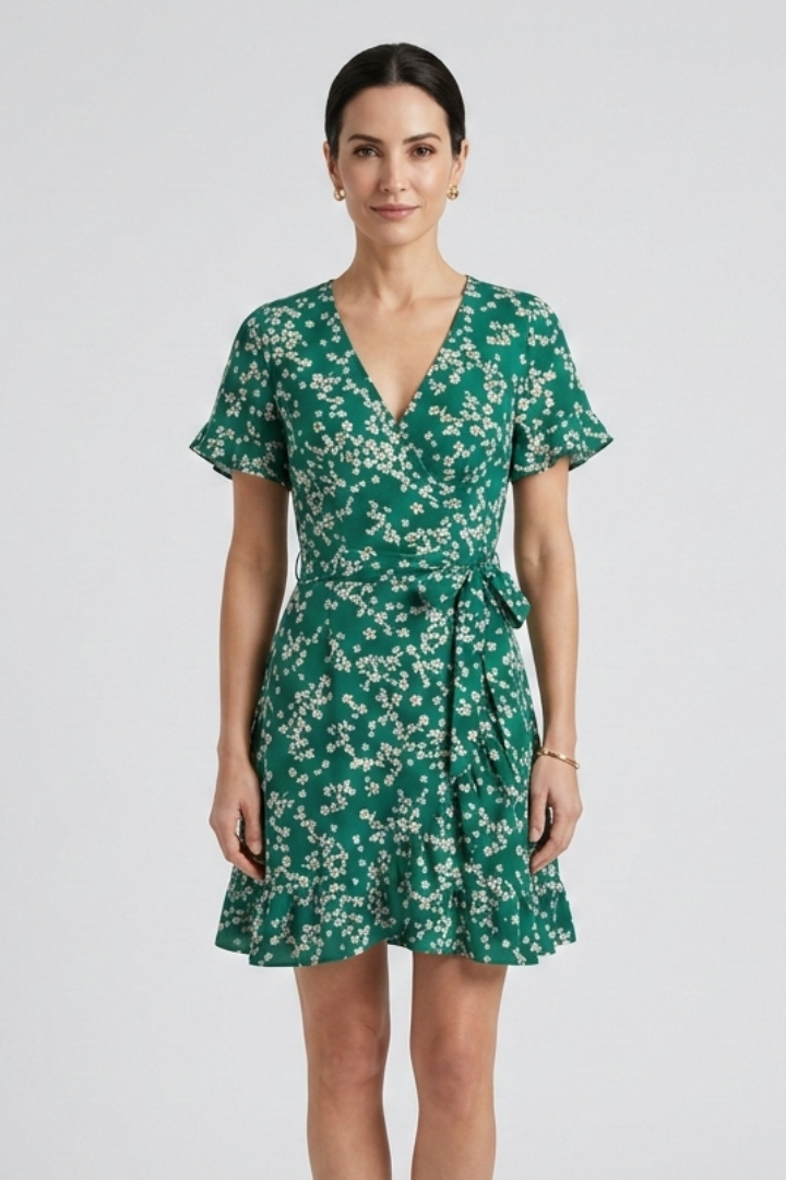 Women's Floral V-Neck Mini Dress with Ruffle Hem & Short Sleeves – Summer Day Dress for Brunch