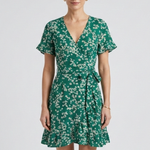 Women's Floral V-Neck Mini Dress with Ruffle Hem & Short Sleeves – Summer Day Dress for Brunch