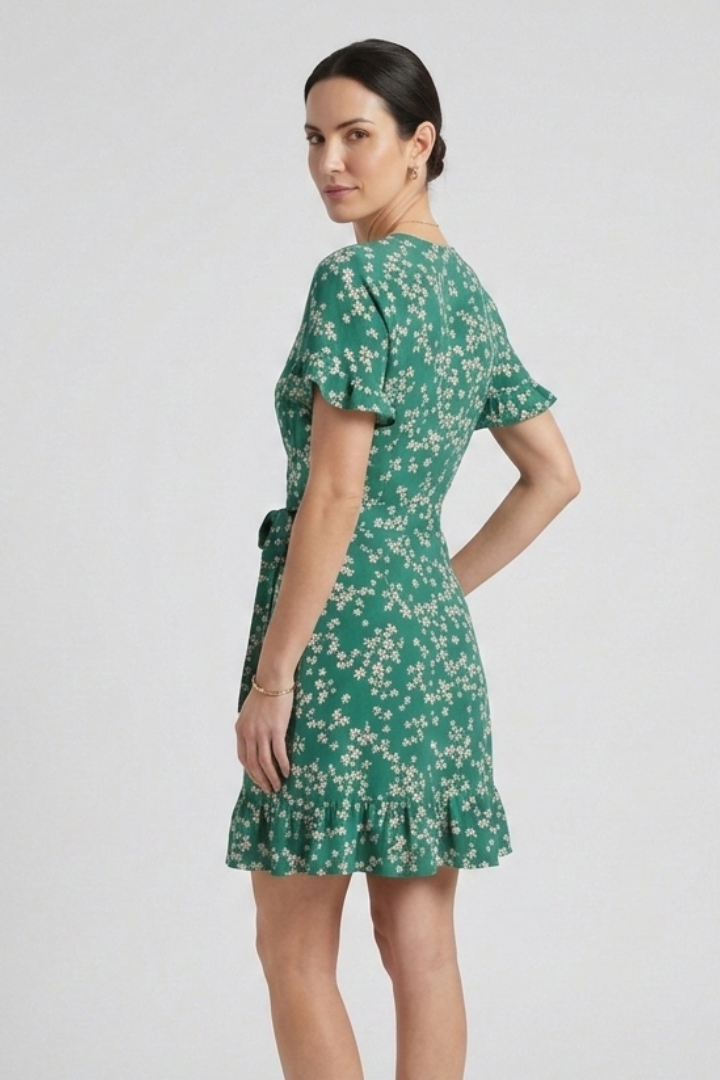 Women's Floral V-Neck Mini Dress with Ruffle Hem & Short Sleeves – Summer Day Dress for Brunch