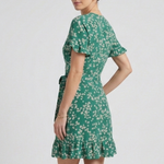 Women's Floral V-Neck Mini Dress with Ruffle Hem & Short Sleeves – Summer Day Dress for Brunch