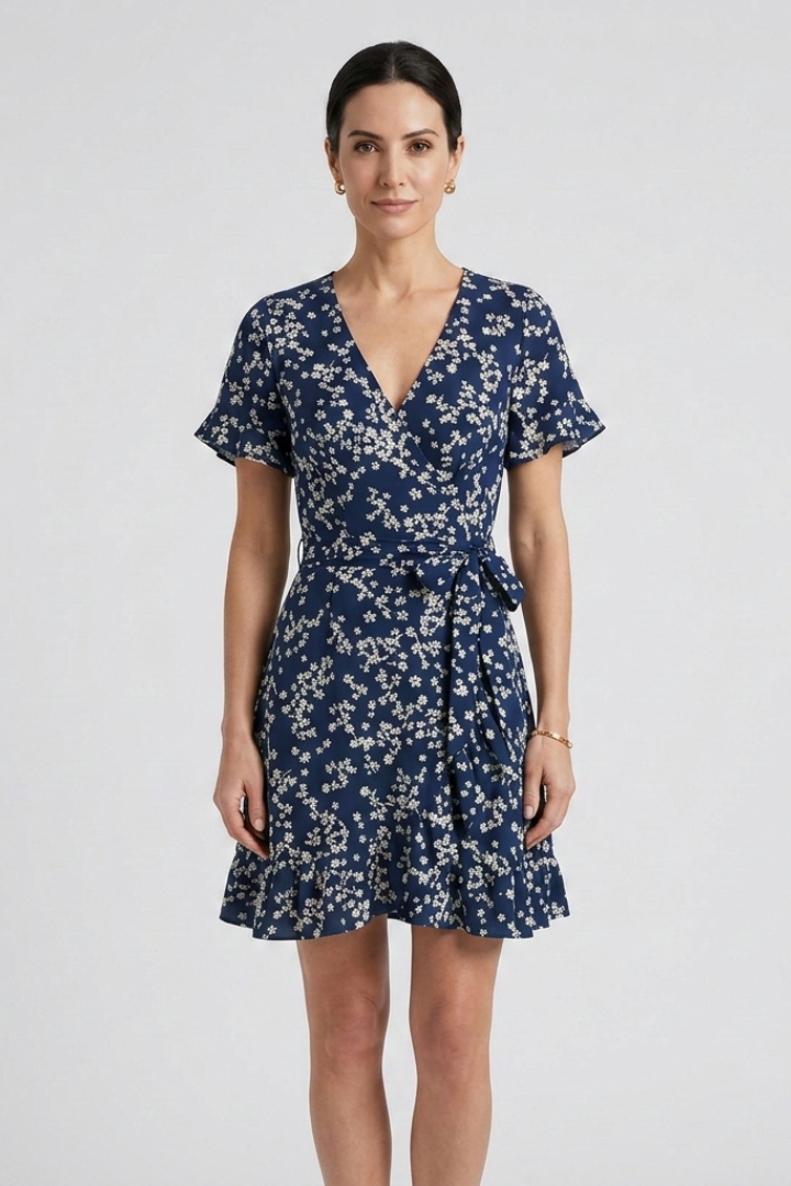 Women's Floral V-Neck Mini Dress with Ruffle Hem & Short Sleeves – Summer Day Dress for Brunch