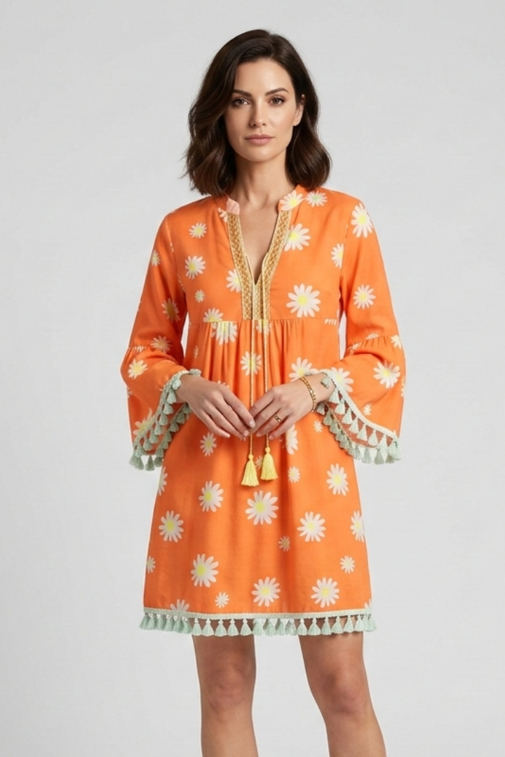 Women's Floral V-Neck Mini Dress with Tassel Hem & 3/4 Sleeves – Boho Summer Dress