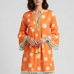 Women's Floral V-Neck Mini Dress with Tassel Hem & 3/4 Sleeves – Boho Summer Dress