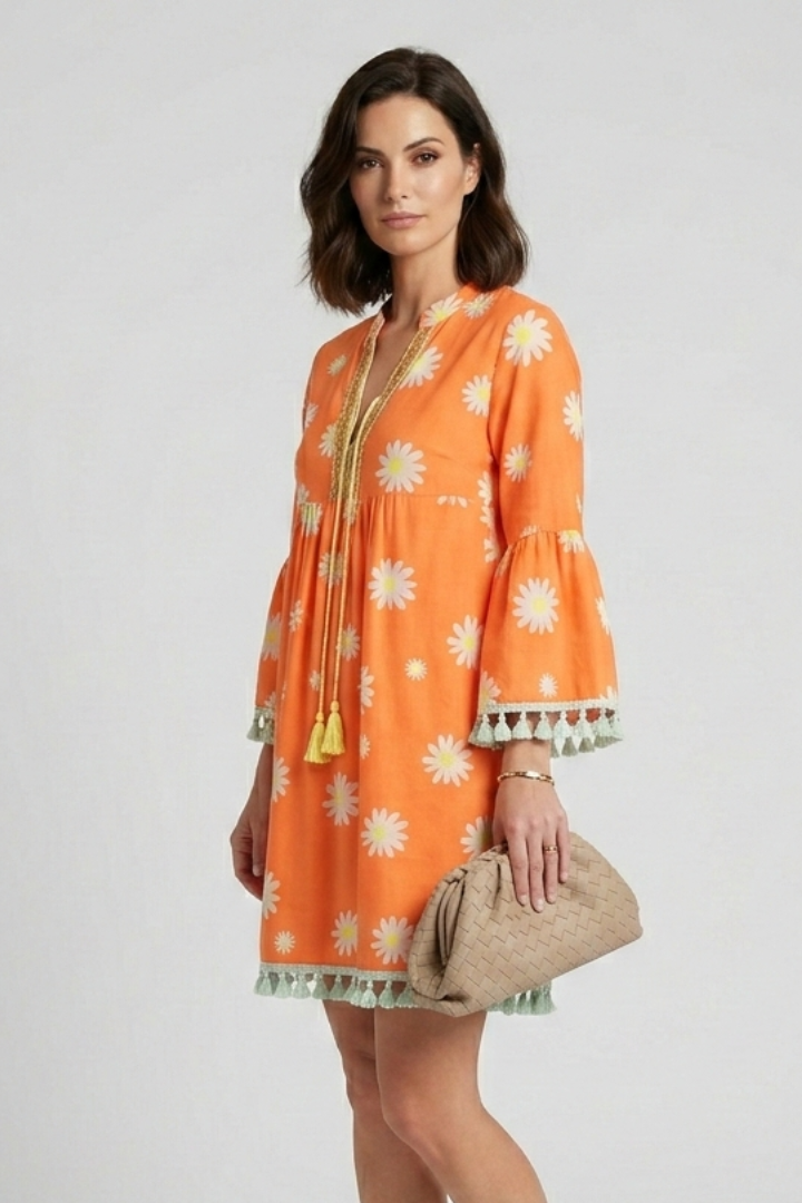Women's Floral V-Neck Mini Dress with Tassel Hem & 3/4 Sleeves – Boho Summer Dress