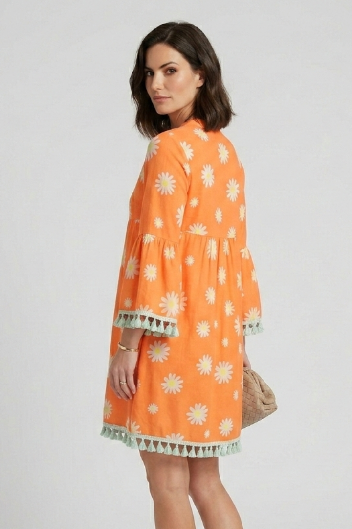 Women's Floral V-Neck Mini Dress with Tassel Hem & 3/4 Sleeves – Boho Summer Dress