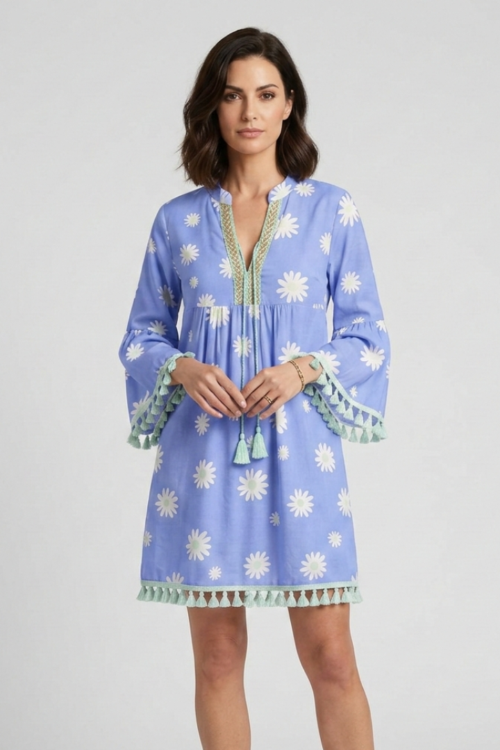 Women's Floral V-Neck Mini Dress with Tassel Hem & 3/4 Sleeves – Boho Summer Dress