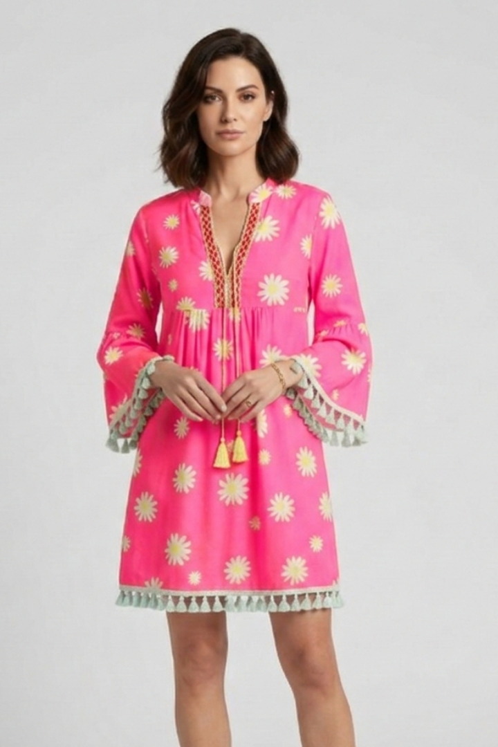Women's Floral V-Neck Mini Dress with Tassel Hem & 3/4 Sleeves – Boho Summer Dress