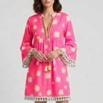 Women's Floral V-Neck Mini Dress with Tassel Hem & 3/4 Sleeves – Boho Summer Dress