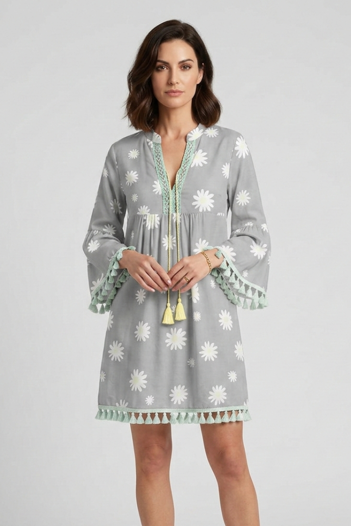 Women's Floral V-Neck Mini Dress with Tassel Hem & 3/4 Sleeves – Boho Summer Dress