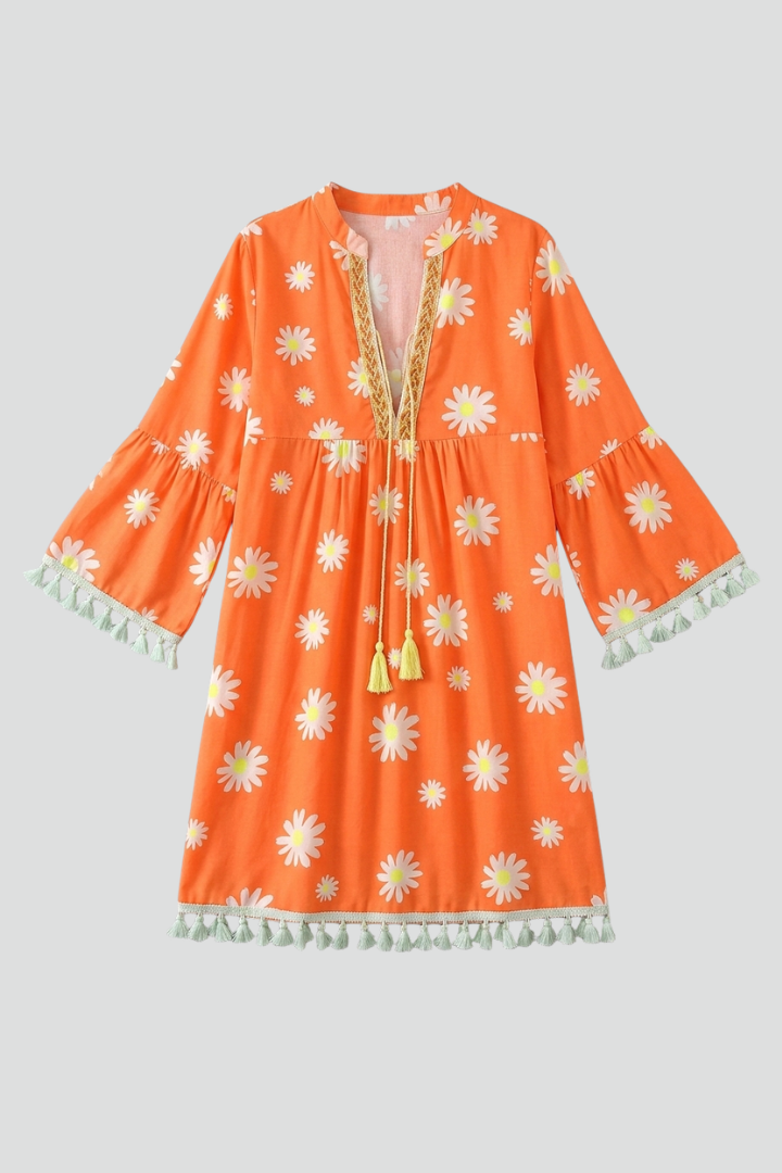 Women's Floral V-Neck Mini Dress with Tassel Hem & 3/4 Sleeves – Boho Summer Dress