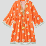 Women's Floral V-Neck Mini Dress with Tassel Hem & 3/4 Sleeves – Boho Summer Dress