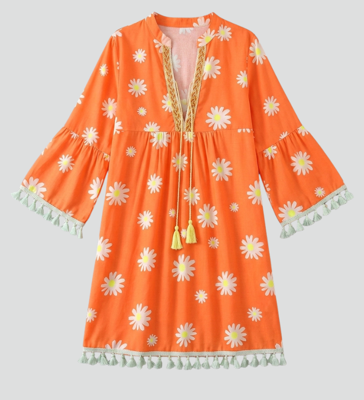 Women's Floral V-Neck Mini Dress with Tassel Hem & 3/4 Sleeves – Boho Summer Dress
