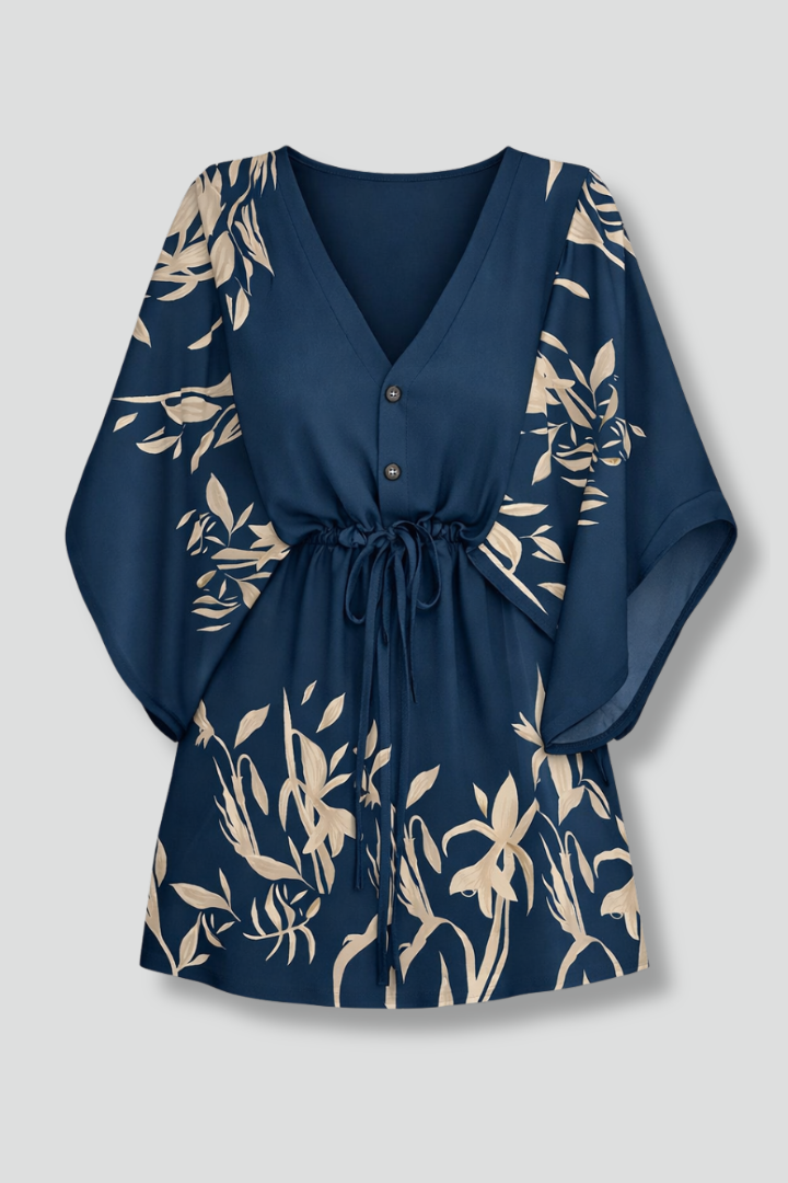Women's Tropical Print V-Neck Mini Dress with Drawstring Waist & Short Sleeves – Summer Dress