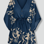 Women's Tropical Print V-Neck Mini Dress with Drawstring Waist & Short Sleeves – Summer Dress