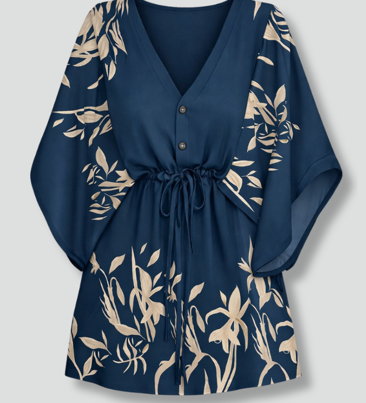 Women's Tropical Print V-Neck Mini Dress with Drawstring Waist & Short Sleeves – Summer Dress