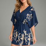 Women's Tropical Print V-Neck Mini Dress with Drawstring Waist & Short Sleeves – Summer Dress