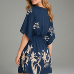 Women's Tropical Print V-Neck Mini Dress with Drawstring Waist & Short Sleeves – Summer Dress