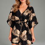 Women's Tropical Print V-Neck Mini Dress with Drawstring Waist & Short Sleeves – Summer Dress