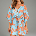 Women's Tropical Print V-Neck Mini Dress with Drawstring Waist & Short Sleeves – Summer Dress