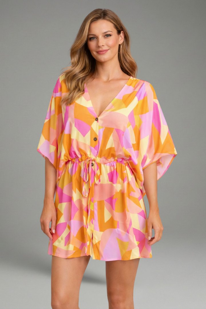 Women's Tropical Print V-Neck Mini Dress with Drawstring Waist & Short Sleeves – Summer Dress