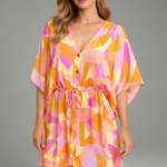 Women's Tropical Print V-Neck Mini Dress with Drawstring Waist & Short Sleeves – Summer Dress