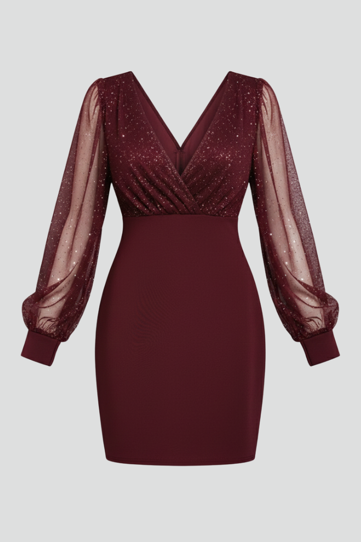Women's V-Neck Mini Dress with Sheer Long Sleeves – Evening, Party and Cocktail Dress
