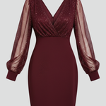 Women's V-Neck Mini Dress with Sheer Long Sleeves – Evening, Party and Cocktail Dress