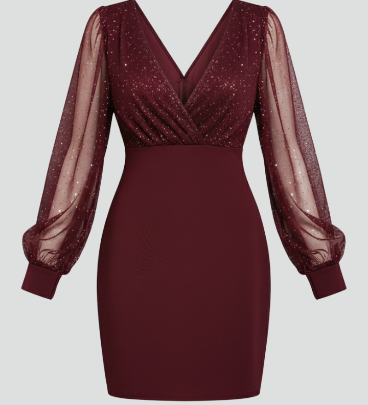 Women's V-Neck Mini Dress with Sheer Long Sleeves – Evening, Party and Cocktail Dress
