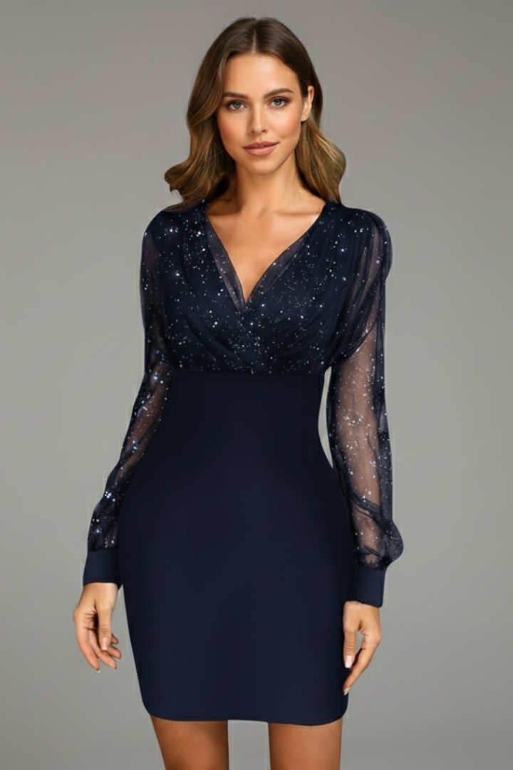 Women's V-Neck Mini Dress with Sheer Long Sleeves – Evening, Party and Cocktail Dress