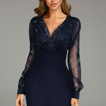 Women's V-Neck Mini Dress with Sheer Long Sleeves – Evening, Party and Cocktail Dress