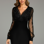 Women's V-Neck Mini Dress with Sheer Long Sleeves – Evening, Party and Cocktail Dress