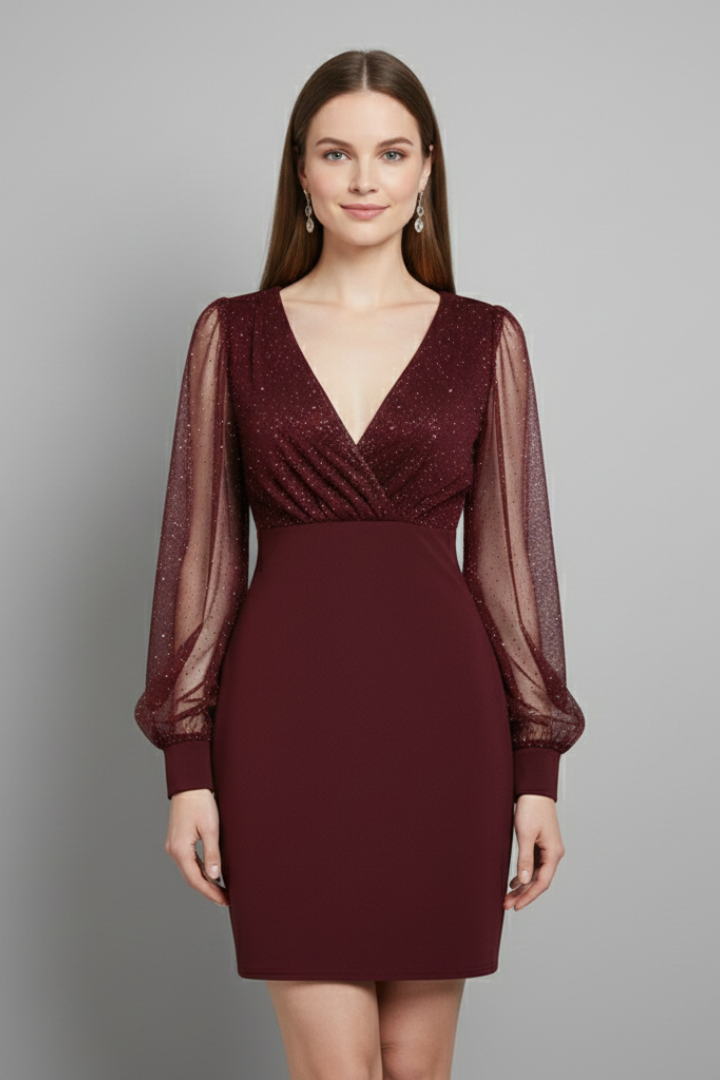 Women's V-Neck Mini Dress with Sheer Long Sleeves – Evening, Party and Cocktail Dress