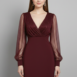 Women's V-Neck Mini Dress with Sheer Long Sleeves – Evening, Party and Cocktail Dress
