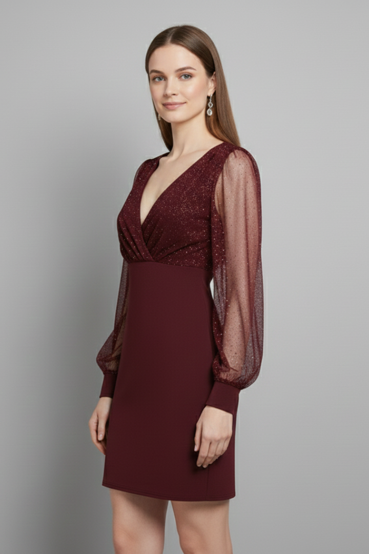 Women's V-Neck Mini Dress with Sheer Long Sleeves – Evening, Party and Cocktail Dress