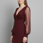 Women's V-Neck Mini Dress with Sheer Long Sleeves – Evening, Party and Cocktail Dress