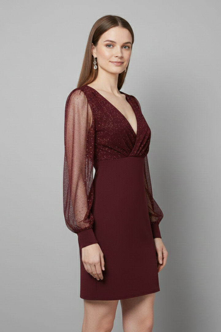 Women's V-Neck Mini Dress with Sheer Long Sleeves – Evening, Party and Cocktail Dress