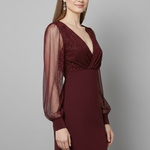 Women's V-Neck Mini Dress with Sheer Long Sleeves – Evening, Party and Cocktail Dress