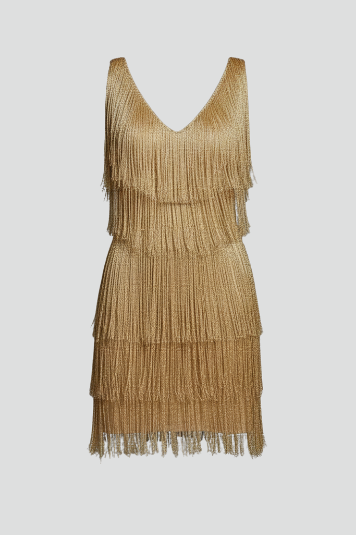 Women's Fringe Mini Dress with V-Neck & Thin Straps – Sleeveless Party & Event Dress