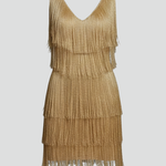 Women's Fringe Mini Dress with V-Neck & Thin Straps – Sleeveless Party & Event Dress