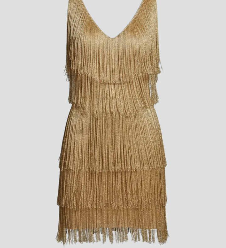 Women's Fringe Mini Dress with V-Neck & Thin Straps – Sleeveless Party & Event Dress