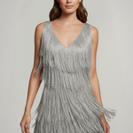 Women's Fringe Mini Dress with V-Neck & Thin Straps – Sleeveless Party & Event Dress