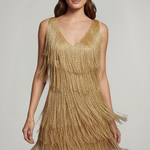 Women's Fringe Mini Dress with V-Neck & Thin Straps – Sleeveless Party & Event Dress