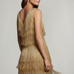 Women's Fringe Mini Dress with V-Neck & Thin Straps – Sleeveless Party & Event Dress