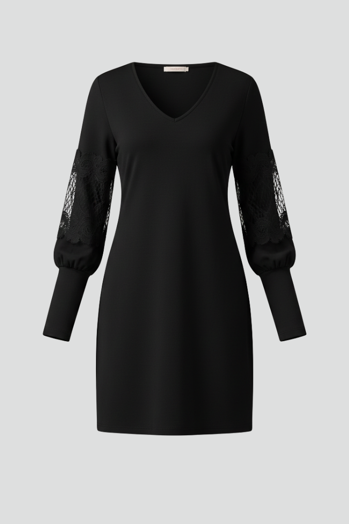 Women's Black V-Neck Mini Dress with Lace Balloon Sleeves – Long Sleeve Evening & Party Dress