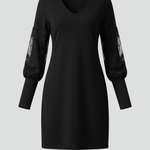 Women's Black V-Neck Mini Dress with Lace Balloon Sleeves – Long Sleeve Evening & Party Dress