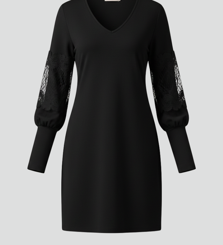 Women's Black V-Neck Mini Dress with Lace Balloon Sleeves – Long Sleeve Evening & Party Dress